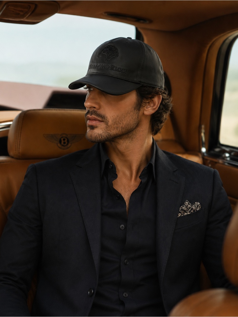 Stefano Ricci Black Lamb Leather & Silk Eagle Cap Made in Italy